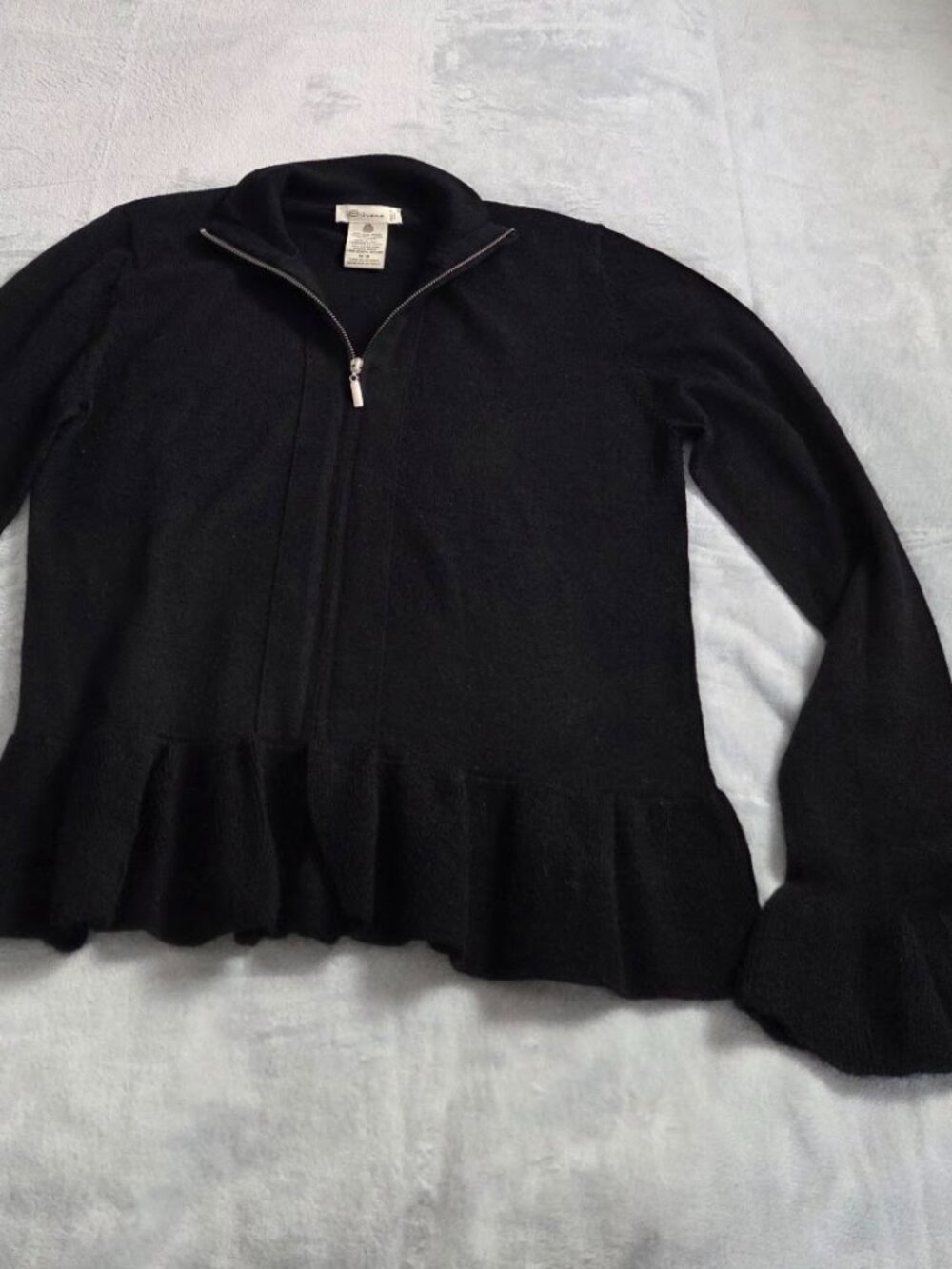 Silvana Extra Fine Merino Wool Black Zip Cardigan Sweater Bell Sleeve M Italy